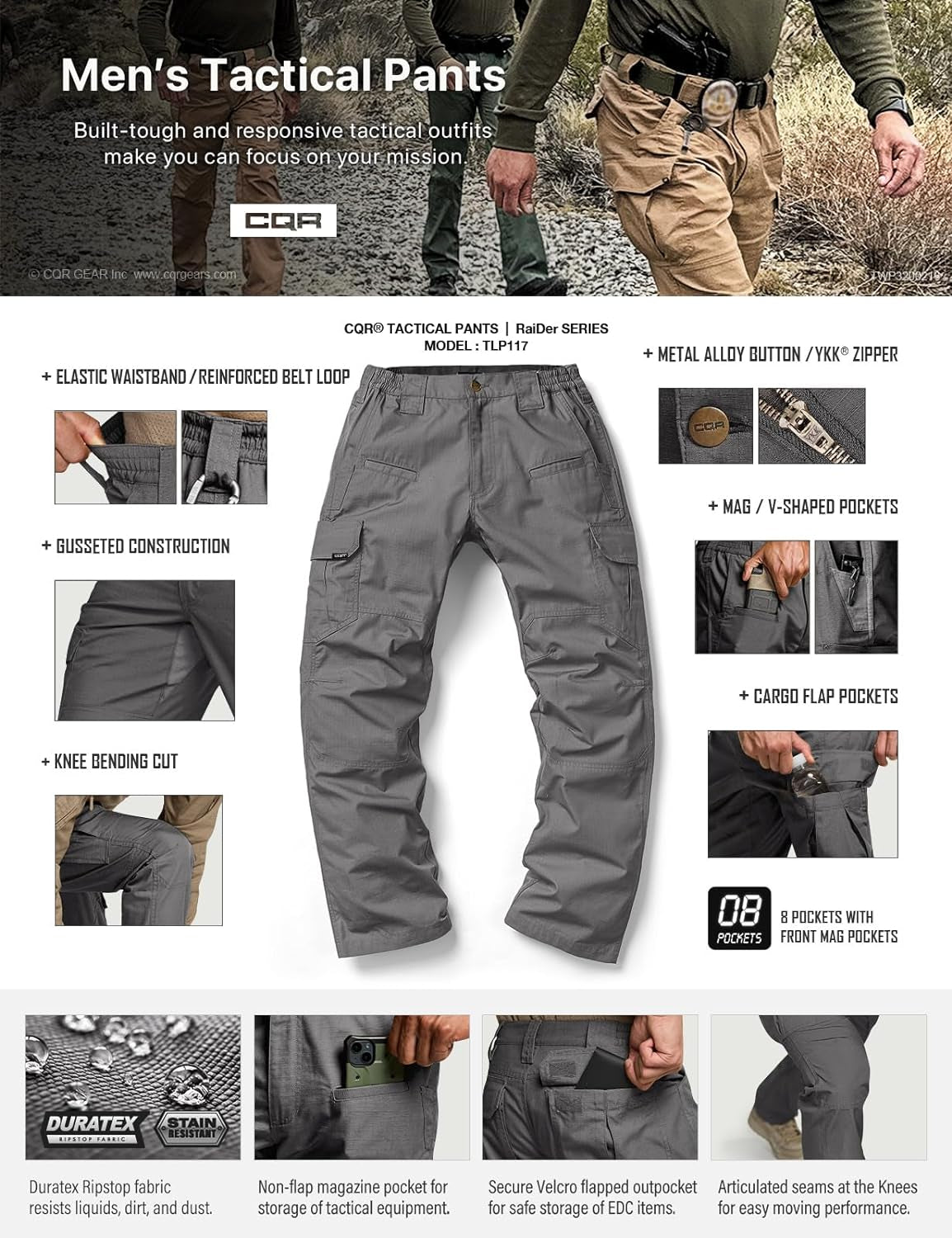 Men'S Tactical Pants, Water Resistant Ripstop Cargo Pants, Lightweight EDC Work Hiking Pants, Outdoor Apparel